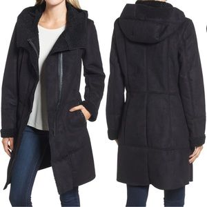 Faux Shearling Hooded Black Coat